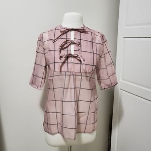 Pink Sheer Short Sleeves Top with Ribbons